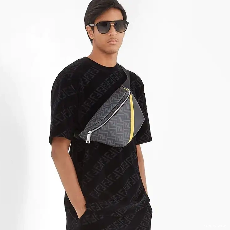 Cheap HOT FF Fabric Black In Fendi Motif Yellow Belt Bag 0629